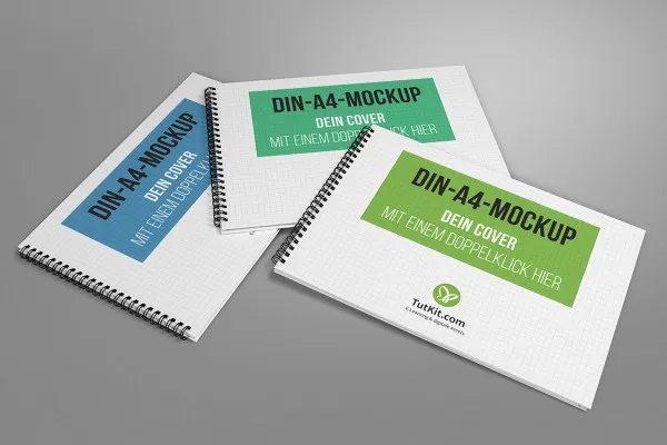 Mockup untuk buku brosur hardcover dalam format lanskap dengan spiral binding: 3 halaman depan