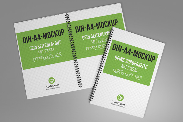 Mockup for hardcover brochure in portrait format with spiral binding: front page, two inside pages, horizontal