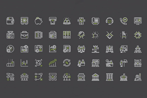 100 iconos empresariales con contornos blancos y verdes