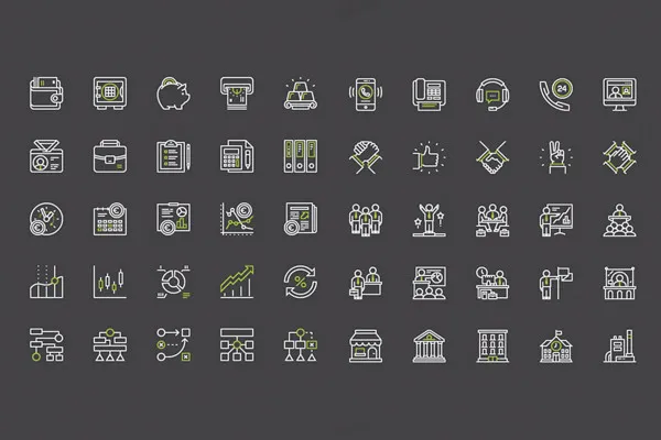 100 ícones de negócios com contornos brancos e verdes.