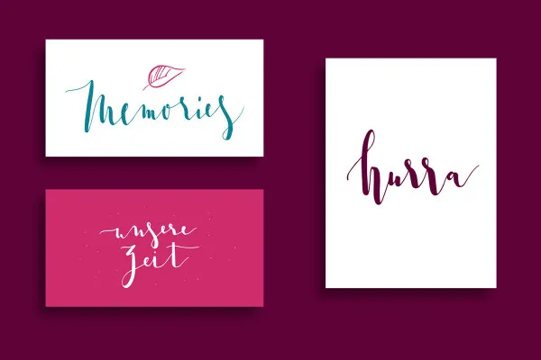Handlettering Hochzeit: "Memories", "unsere Zeit", "hurra"