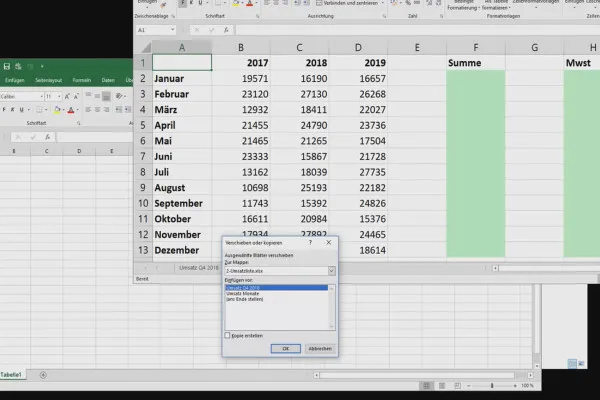 Excel-Tutorial: Pivot, Diagramme und Tabellen-Design zur anschaulichen Daten-Präsentation – 2.6 Arbeitsblatt in eine neue Excel-Datei
