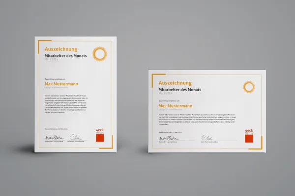 Creatief ontwerp van certificaten (medewerkerswaardering) in zowel portret- als landschapsformaat.
