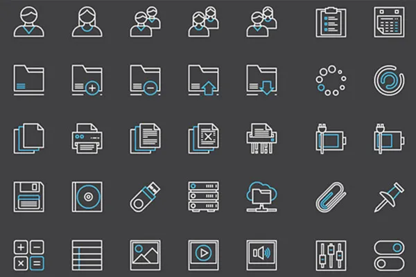 100 Interface-Icons für Webseiten und Apps in Weiß-Blau