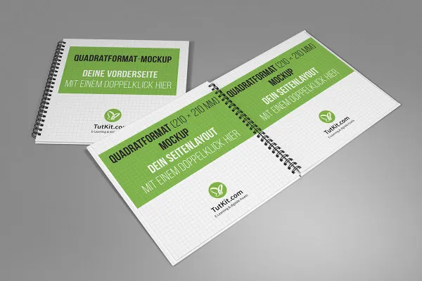 Mockup til firkantet brochure med spiralindbinding: liggende, forsiden, to indersider