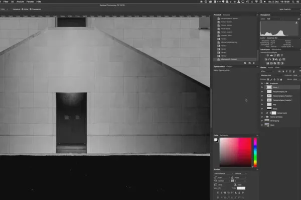 Architektonická fotografie: úprava obra\u0161t͎zků v oblasti umění - 3 černo-bílé gradienty a selektivní korekce kontrastu.