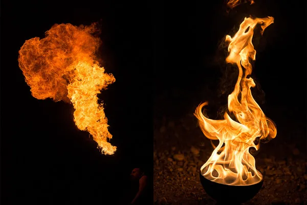 Høyoppløste motiver: Ild, flammer og gnister foran en svart bakgrunn.