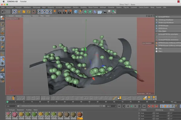 Cinema 4D의 나뭇잎 모델링 도구: SurfaceSPREAD의 SPREADscape 객체 소개