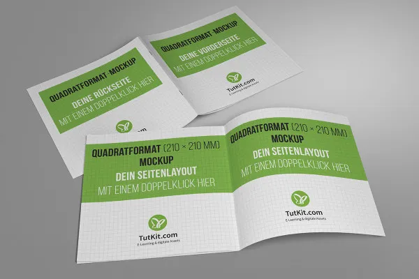 Mockup para um panfleto em formato quadrado: capa, contracapa e duas páginas internas.