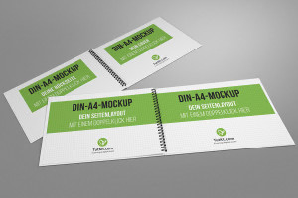 Mockup for hardcover brochure in landscape format with spiral binding: front, back, 2 inside pages