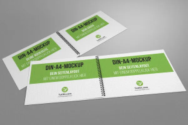 Mockup untuk brosur berbuku keras dalam format landscape dengan jilid spiral: halaman depan, halaman belakang, 2 halaman dalamannya.