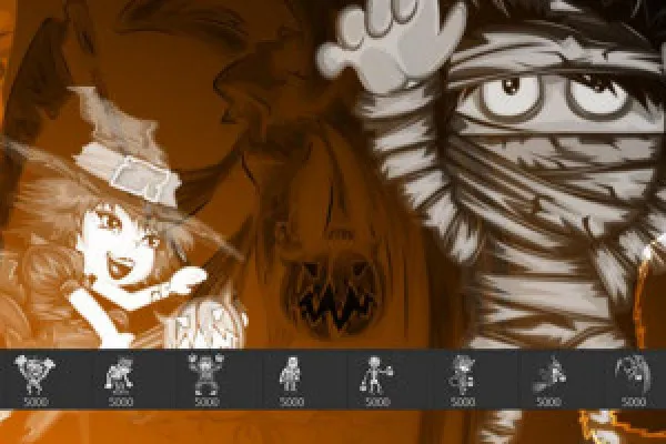 Halloween-Bilder als Photoshop-Pinsel: Hexe, Monster, Skelett und Katze im Comic-Stil