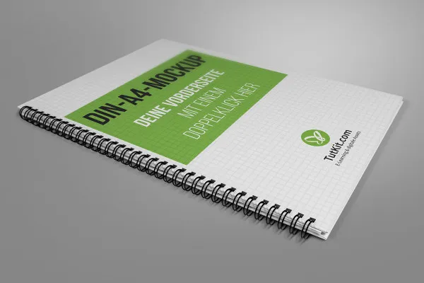 Mockup per opuscolo rigido in formato verticale con rilegatura a spirale: copertina, in posizione orizzontale.