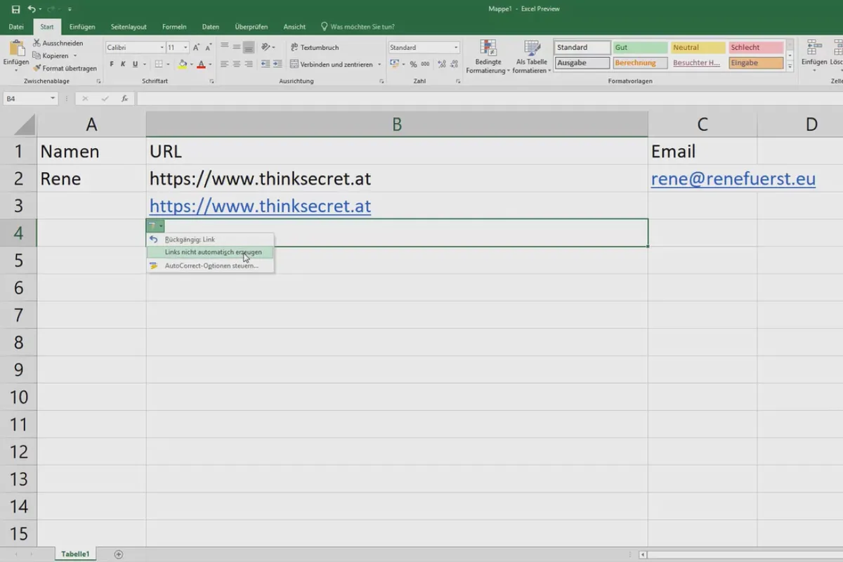 Excel-træning for øget effektivitet på kontoret: Kalender, organigram & Co - 2.7 Forhindrer automatisk hyperlinks.