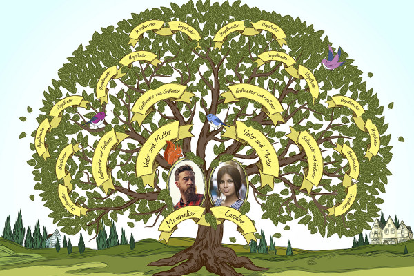 Modèle illustratif et grand format pour ton arbre généalogique familial - feuillage printanier frais