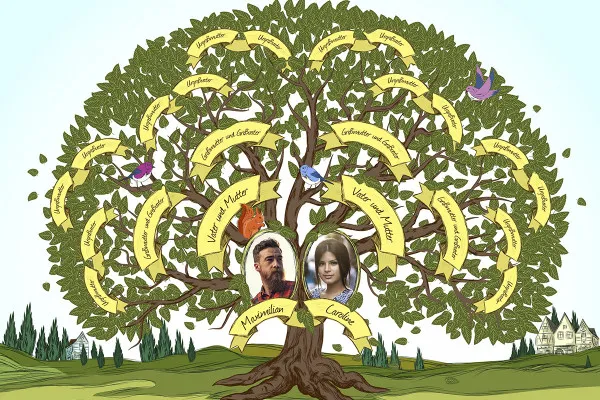Illustrativ & storartet skabelon til din families stamtræ - forårsfriske blade