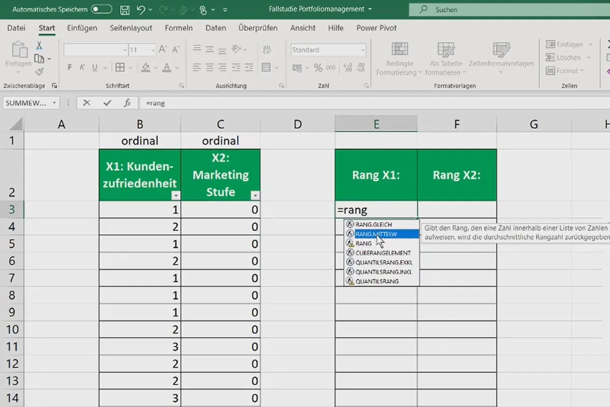 Statistik mit Excel: 2.6 Rangkorrelationsanalyse in Excel