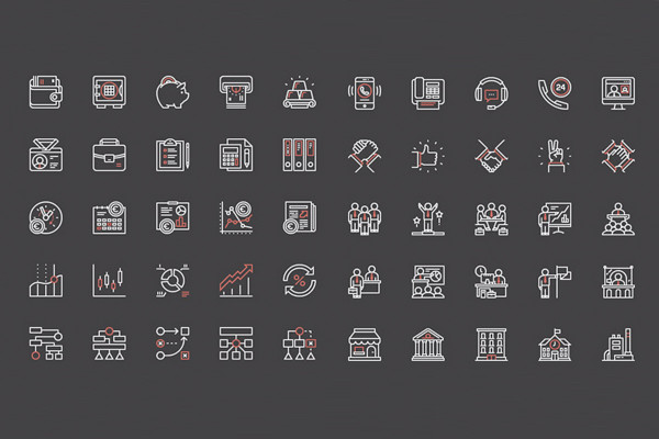100 iconos empresariales con contornos blancos y rojos