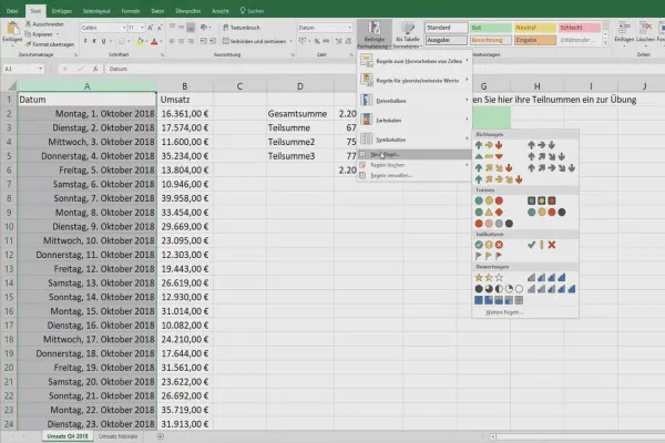 Excel-Tutorial: Pivot, Diagramme und Tabellen-Design zur anschaulichen Daten-Präsentation – 2.7 Wochentag in einer bedingten Formatierung