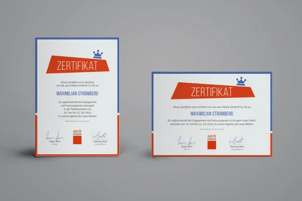 Creatief ontwerp van certificaten (stage) in staand en liggend formaat.