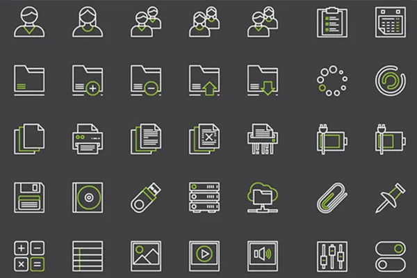 100 Interface-Icons für Webseiten und Apps in Weiß-Grün