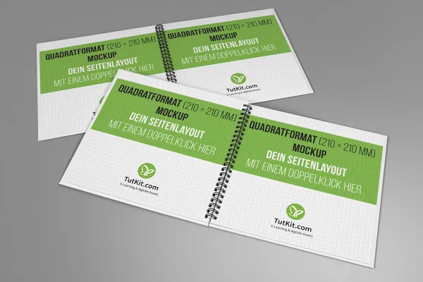 Mockup for firkantet brochure med spiralbinding: liggende, fire indersider