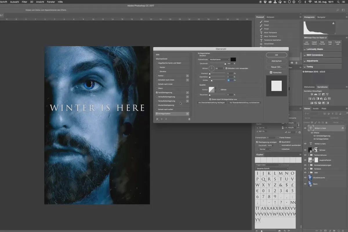 Postere de film populare și efecte de cinema în stilul Game of Thrones: 8 Editare în Photoshop - Adăugare zăpadă și text