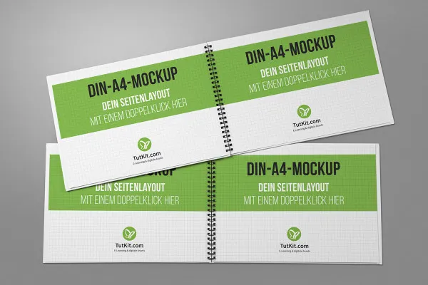 Mockup untuk brosur hardcover dalam format landscape dengan spiral binding: 4 halaman dalamannya