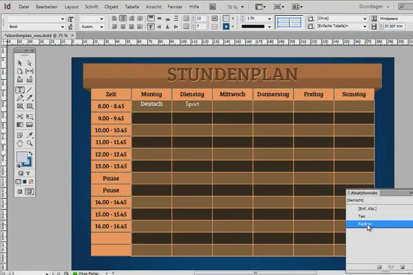 Membuat jadwal pelajaran di Adobe InDesign.