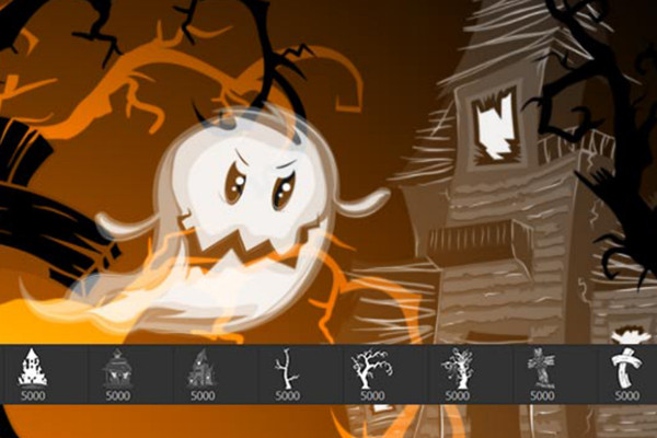 Halloween images as Photoshop brushes: ghost, house, tree and gravestone in comic style