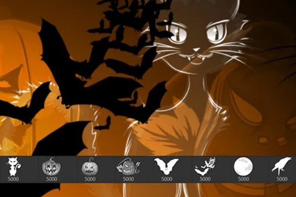Halloween-Bilder als Photoshop-Pinsel: Katze, Kürbis, Fledermaus und Mond im Comic-Stil
