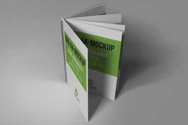 Mockup für Hardcover-Broschüre im Hochformat mit Spiralbindung: Mehrere Seiten, aufgeklappt, stehend