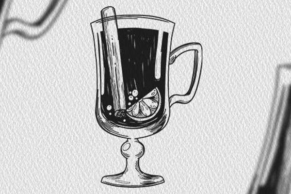 Motivo navideño en blanco y negro: vino caliente en un vaso