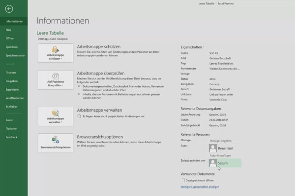 Excel training for more efficiency in the office: Calendar, organization chart & Co - 2.8 Metadata in Office files