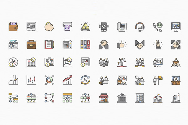 100 iconos de empresa con zonas de color