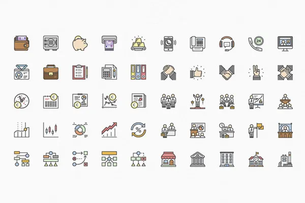 100 Business-Icons mit farbigen Flächen