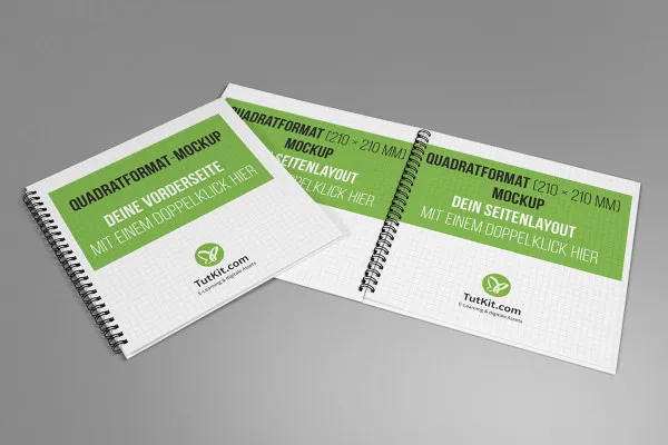 Mockup til firkantet brochure med spiralryg: liggende, forsiden, to indvendige sider.