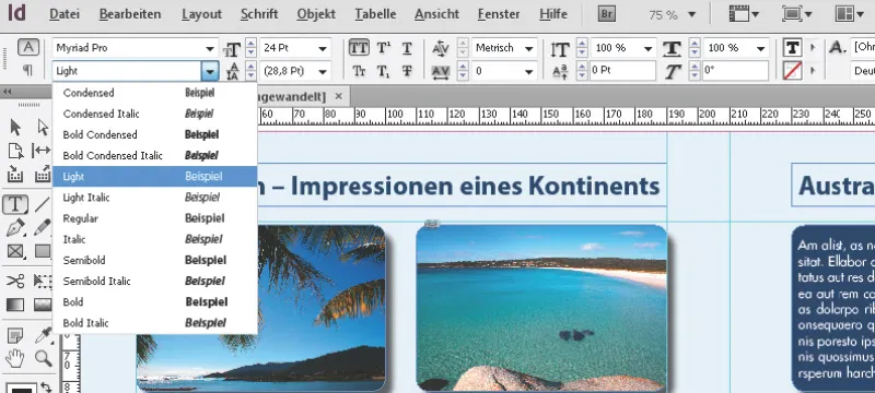 "InDesign" teksto ir teksto ant kelio įrankis