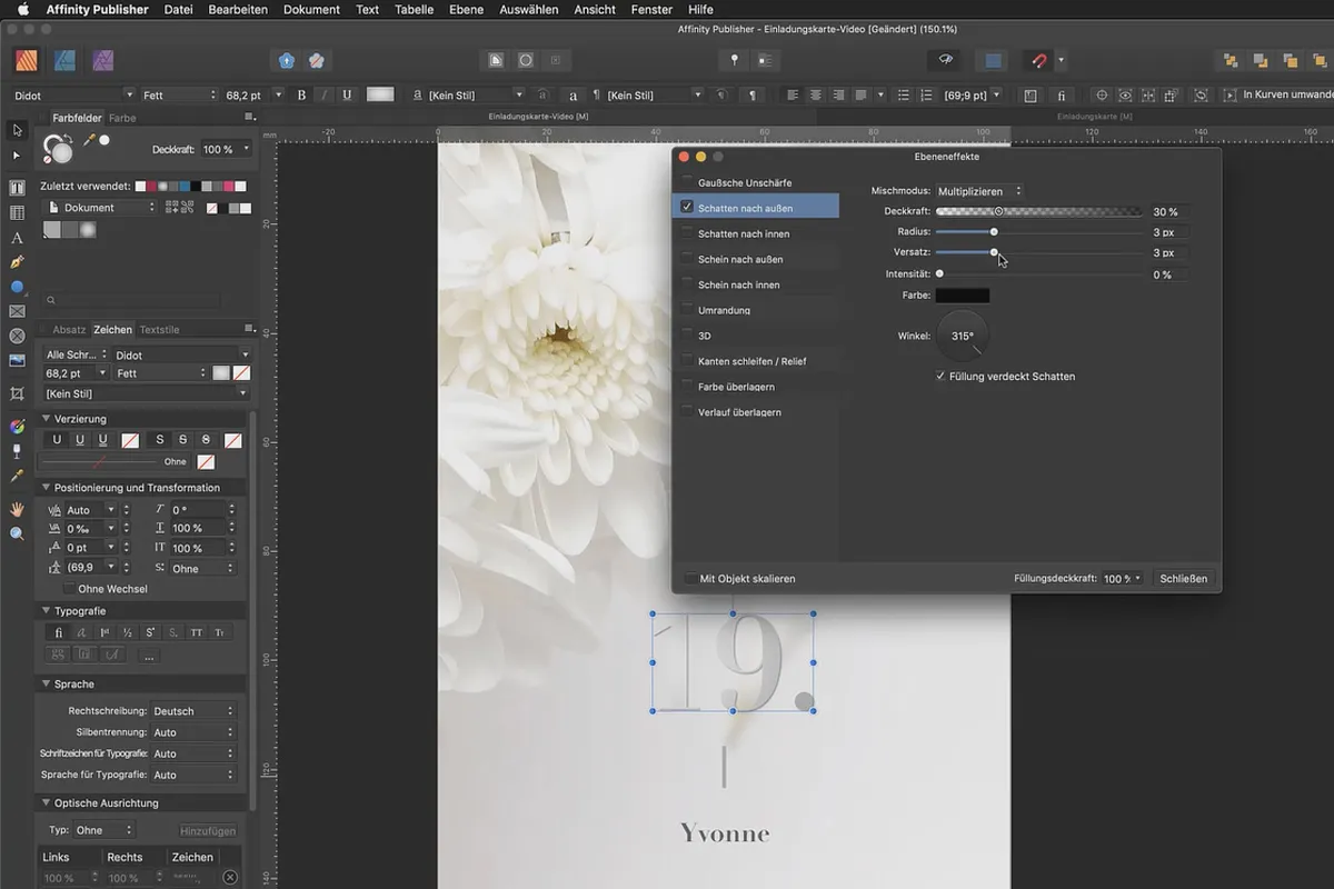 Affinity Publisher Grundlagen-Tutorial: 09 | Visuelle Effekte – der Schlagschatten