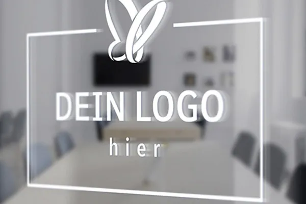Photoshop-mockup-skabelon til logoer: hvid indgangsskilt på glasdør.
