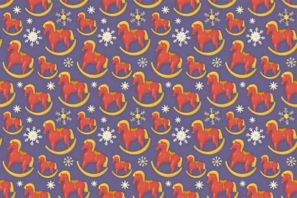 Christmas illustrations, pattern: rocking horses and snow crystals