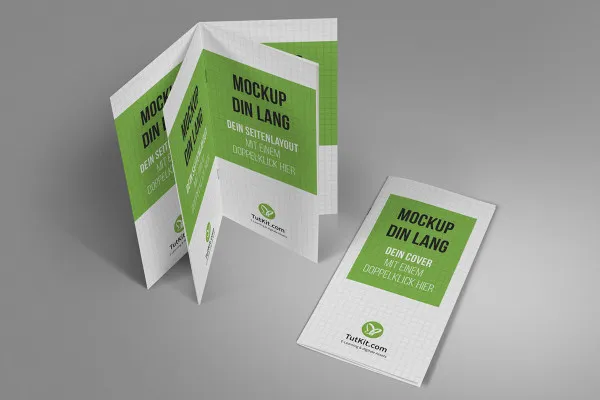 Mockup für Broschüren im DIN-lang-Format: Liegendes Cover und aufgestellte Broschüre