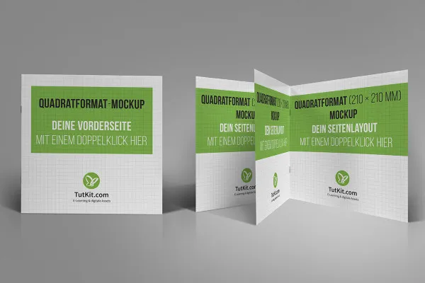 Mock-up para folheto no formato quadrado: Frente, páginas internas em pé.