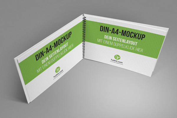 Mockup for hardcover brochure in landscape format with spiral binding: Stand-up, 2 inside pages