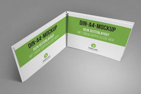 Mockup untuk buku panduan hardcover dalam format lanskap dengan spiral binding: berdiri, 2 halaman dalam