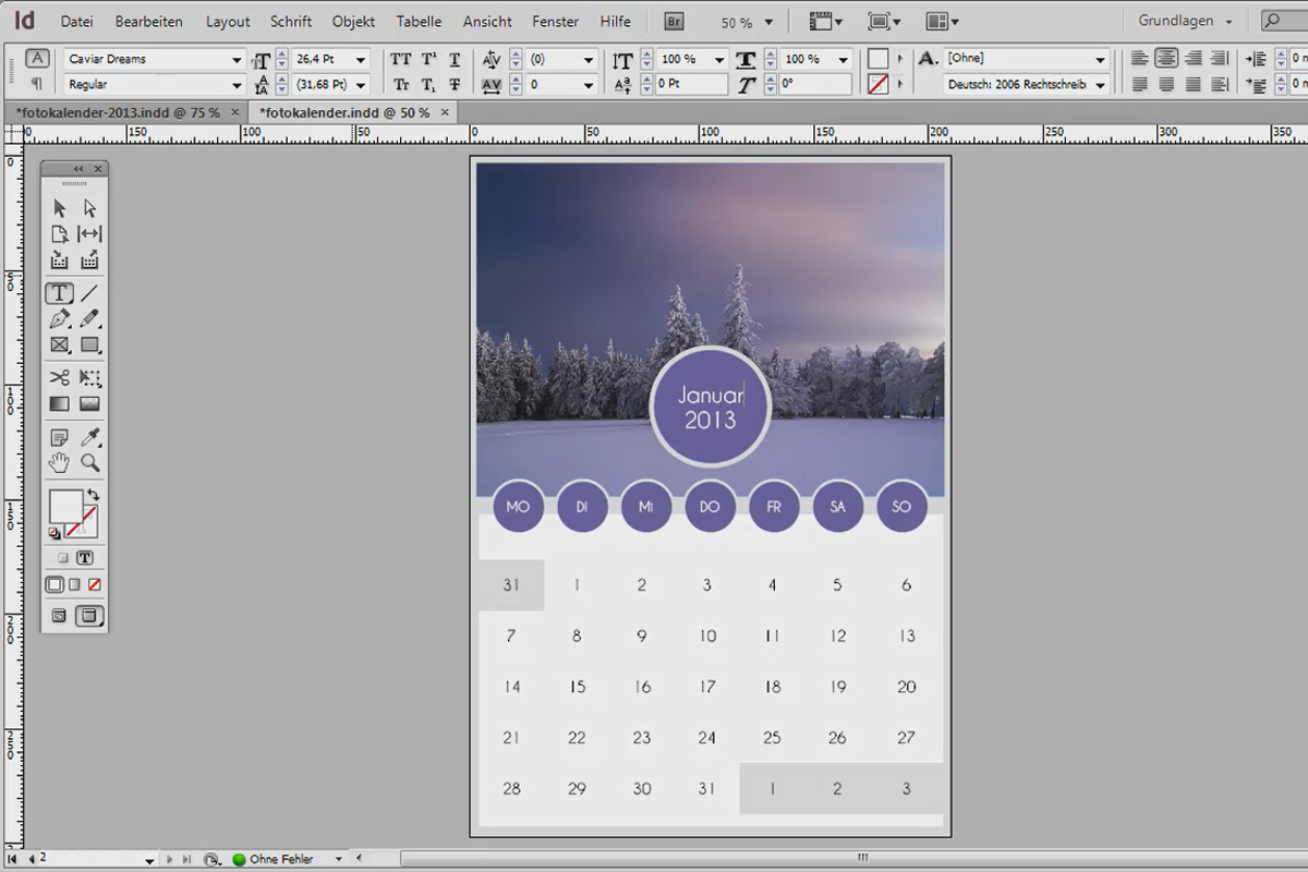 Designt fotokalender inkl. forside i Adobe InDesign.