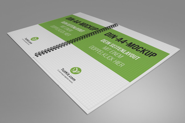 Mockup for hardcover brochure in portrait format with spiral binding: Two inside pages, horizontal