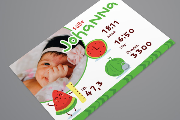 Vorlage Geburtskarte (Querformat): Kunterbunte Melonen
