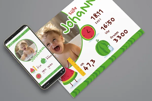Syntymäkortin mallipohja (Vaaka): Kirjavat melonikuvat