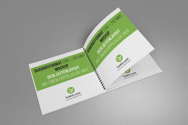 Mockup for firkantet brochure med spiralindbinding: liggende, åbnede indersider